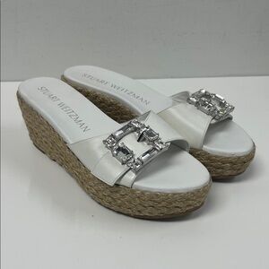 Stuart Weitzman White Wedge Slides with Silver Buckle